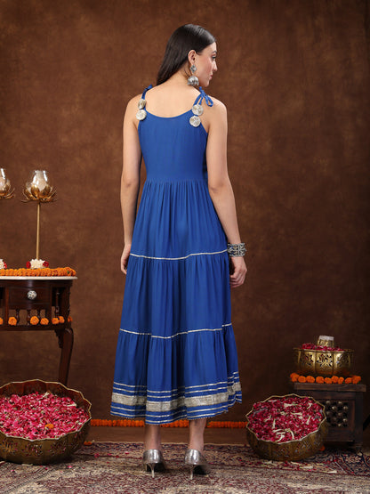 Blue Solid & Embroidered Rayon Strappy Tiered Dress