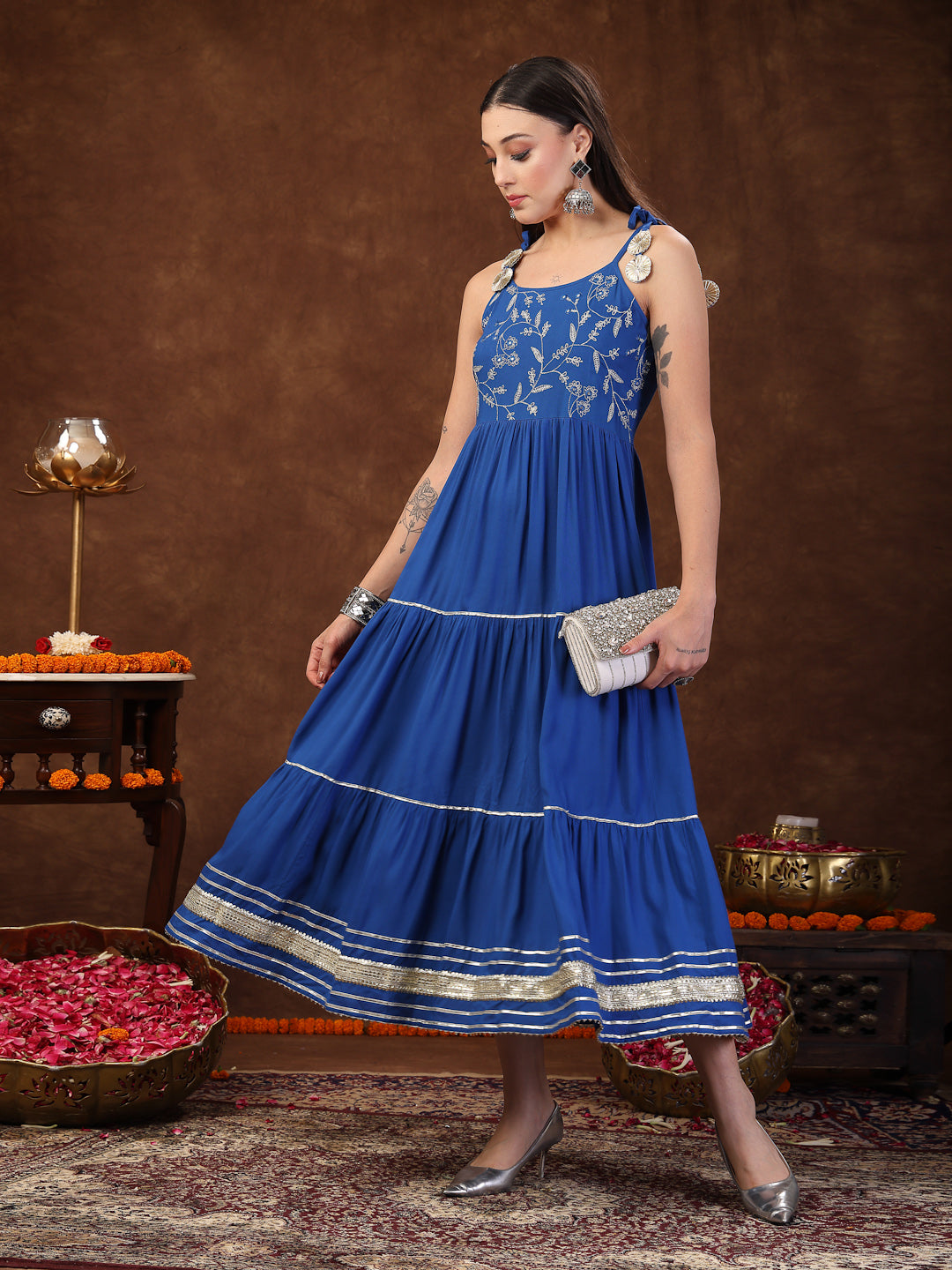 Blue Solid & Embroidered Rayon Strappy Tiered Dress