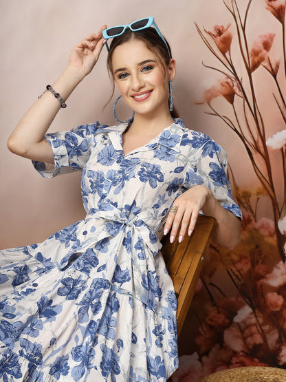 Floral Printed Cotton Flared Dress