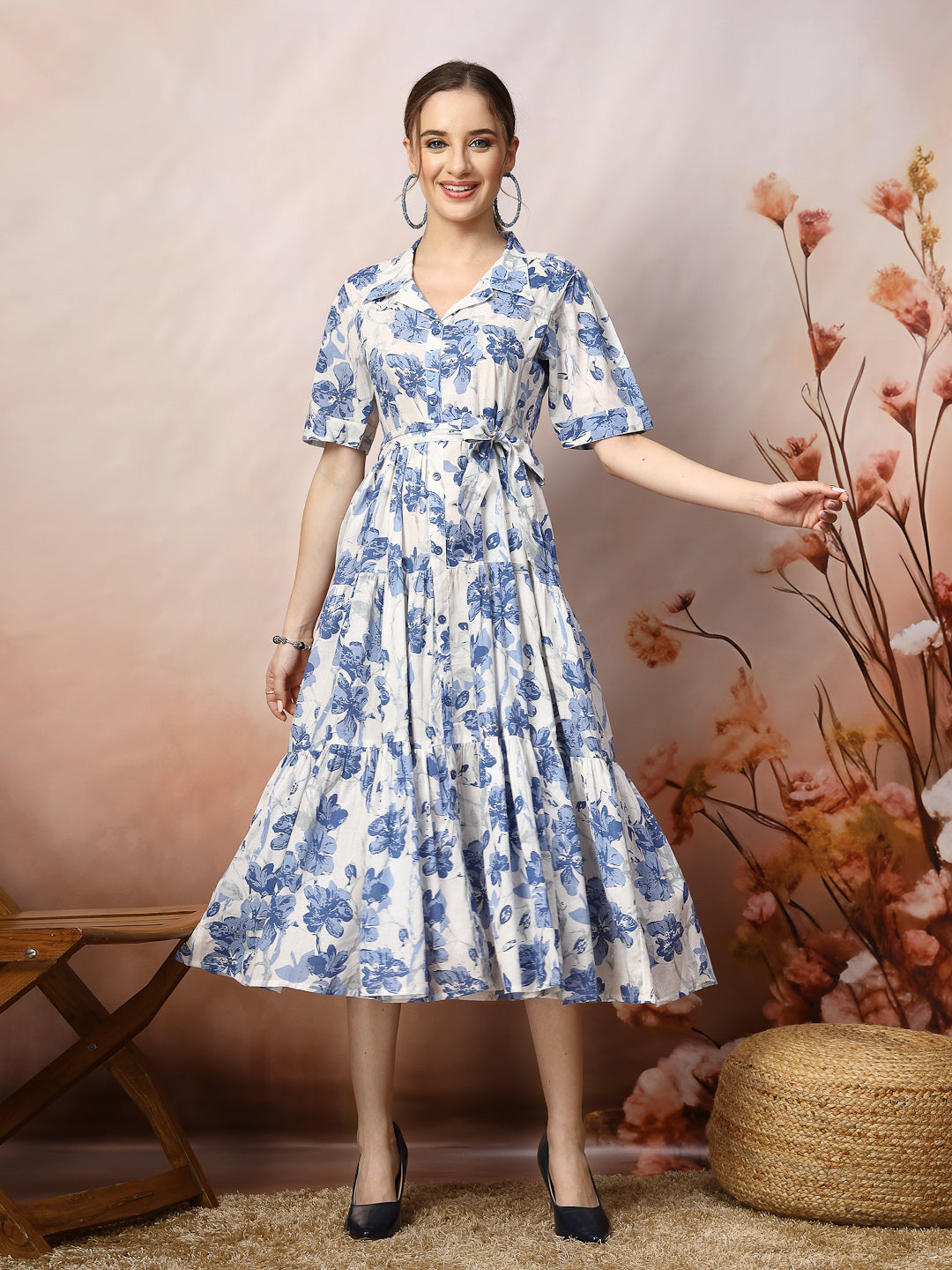 Floral Printed Cotton Flared Dress