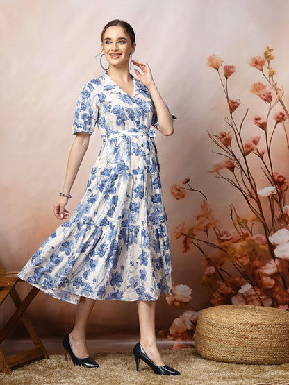 Floral Printed Cotton Flared Dress