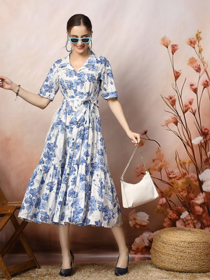 Floral Printed Cotton Flared Dress