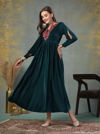 Green Solid & Embroidered Velvet Long Flared Dress