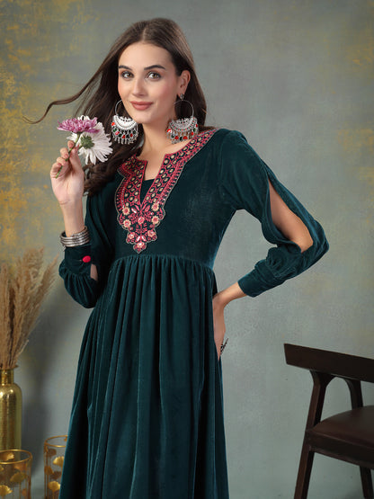 Green Solid & Embroidered Velvet Long Flared Dress