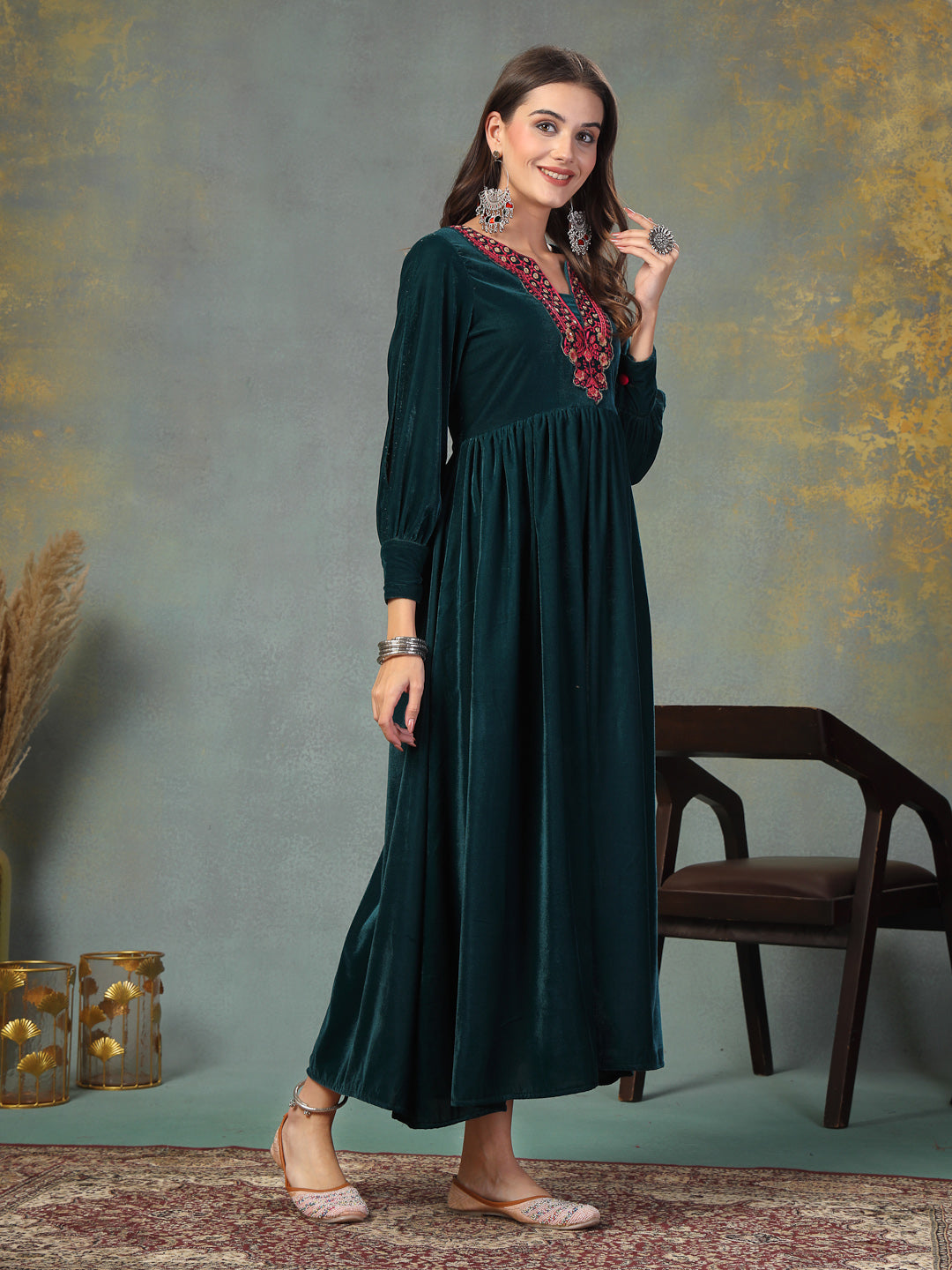 Green Solid & Embroidered Velvet Long Flared Dress