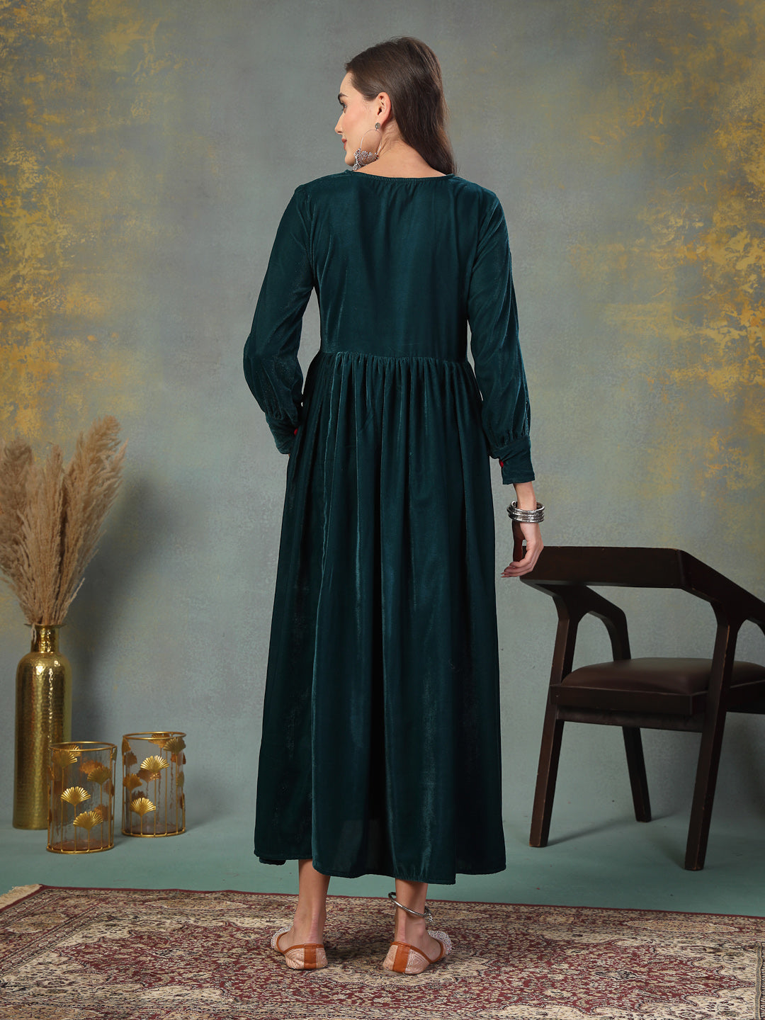 Green Solid & Embroidered Velvet Long Flared Dress