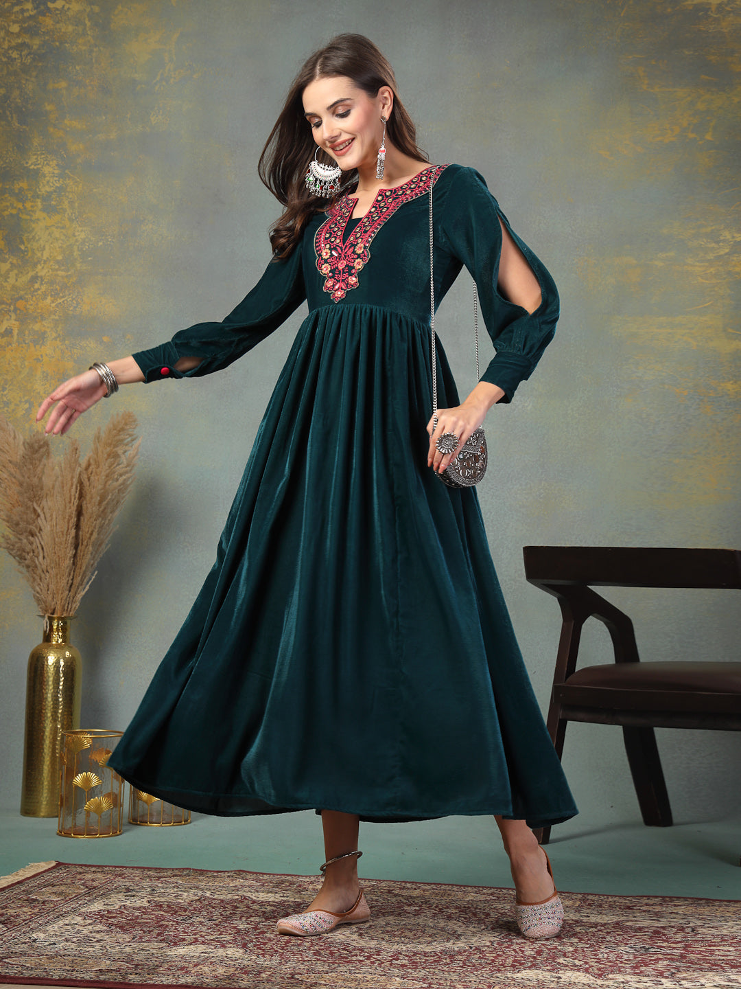 Green Solid & Embroidered Velvet Long Flared Dress