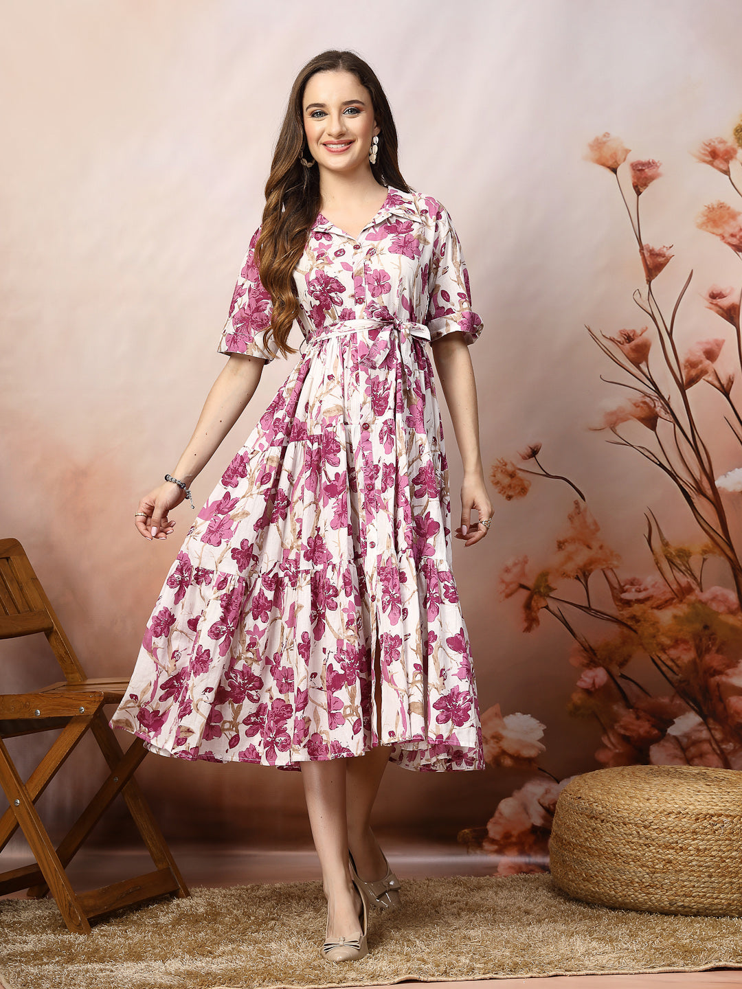 Floral Printed Cotton Flared Dress