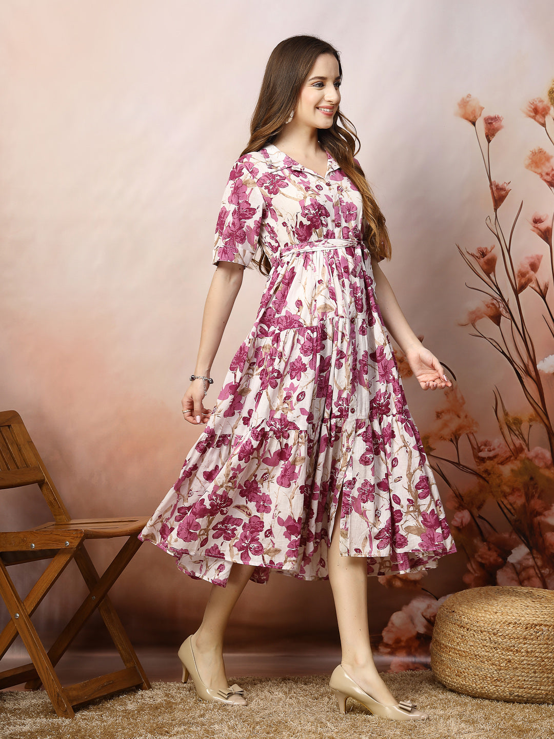 Floral Printed Cotton Flared Dress