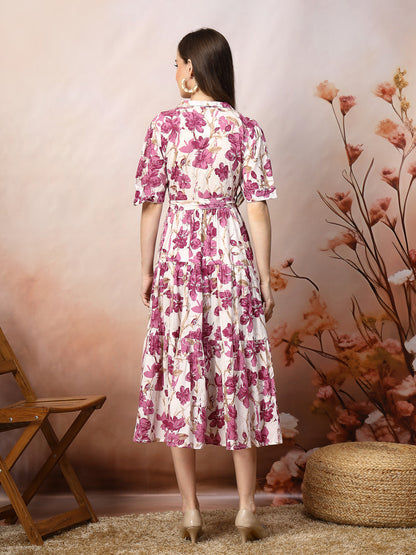 Floral Printed Cotton Flared Dress