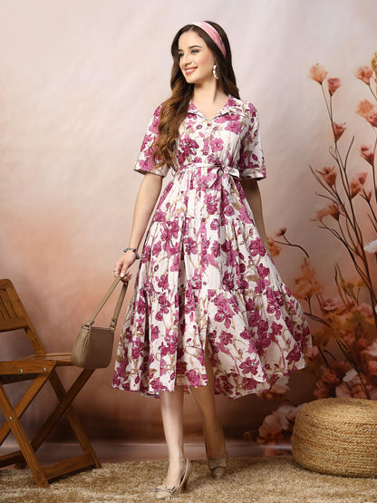 Floral Printed Cotton Flared Dress