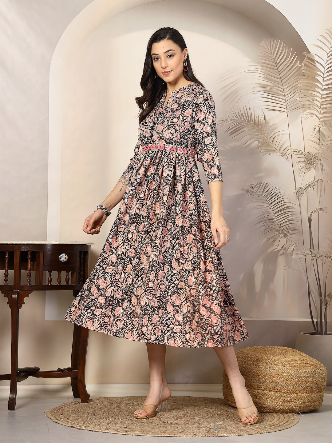 Black Paisly Printed Rayon A-Line Belted Dress