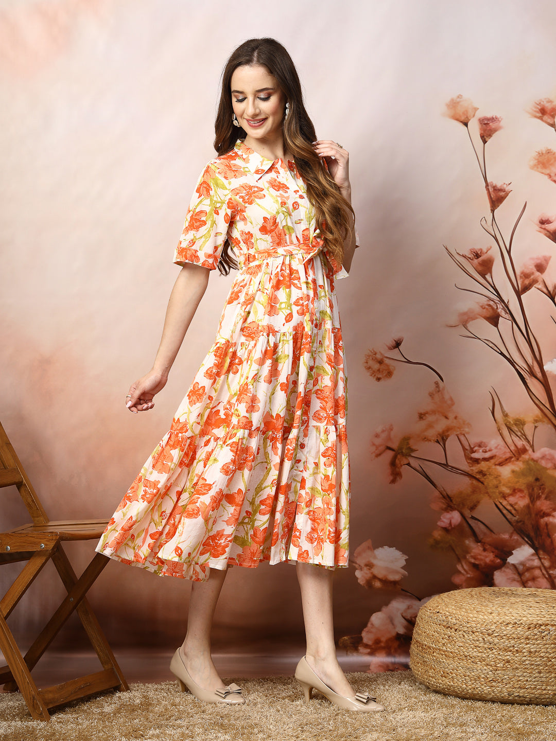 Floral Printed Cotton Flared Dress