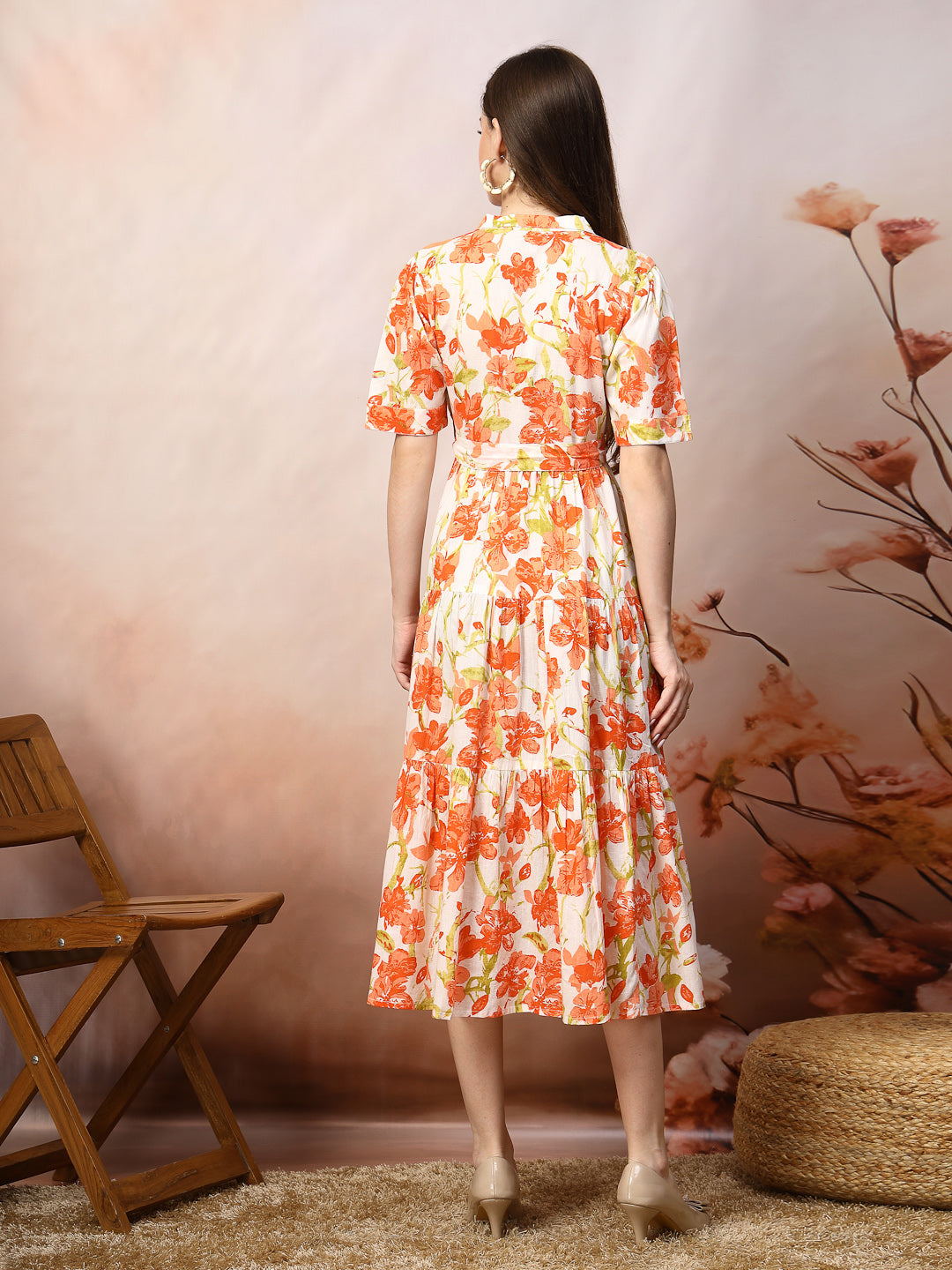 Floral Printed Cotton Flared Dress