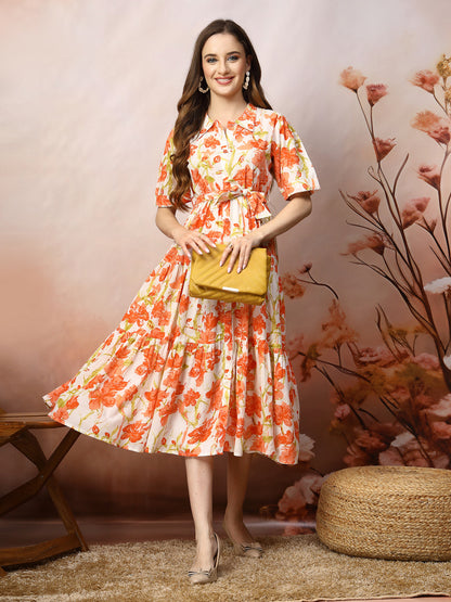 Floral Printed Cotton Flared Dress