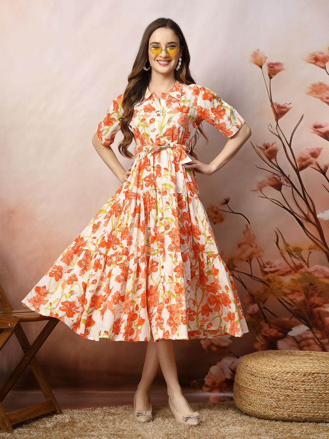 Floral Printed Cotton Flared Dress