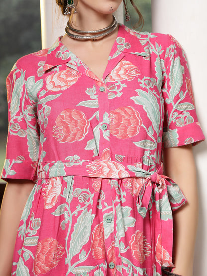 Pink Floral Printed Rayon Tiered Dress