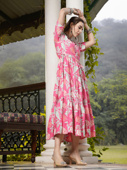 Pink Floral Printed Rayon Tiered Dress