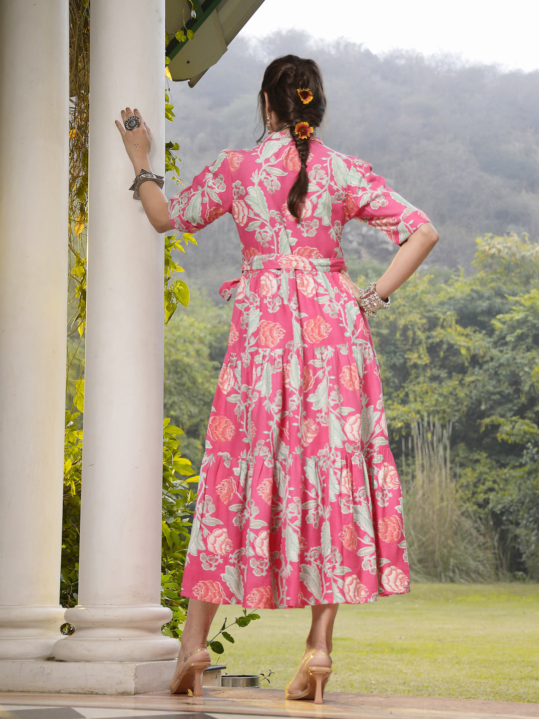 Pink Floral Printed Rayon Tiered Dress