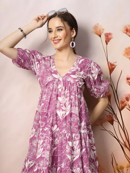 Tropical Printed Cotton Flared Dress