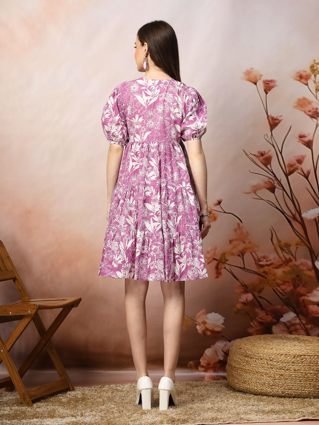 Tropical Printed Cotton Flared Dress