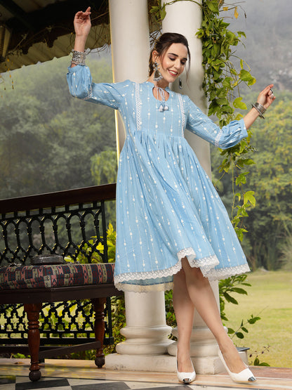 Sky Blue Khadi Printed Cotton Flared Dress