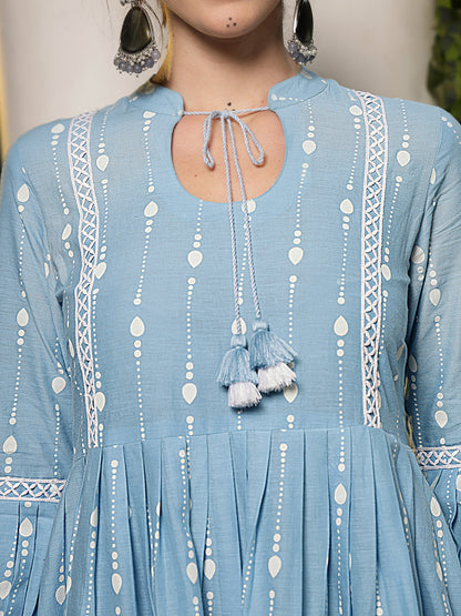 Sky Blue Khadi Printed Cotton Flared Dress