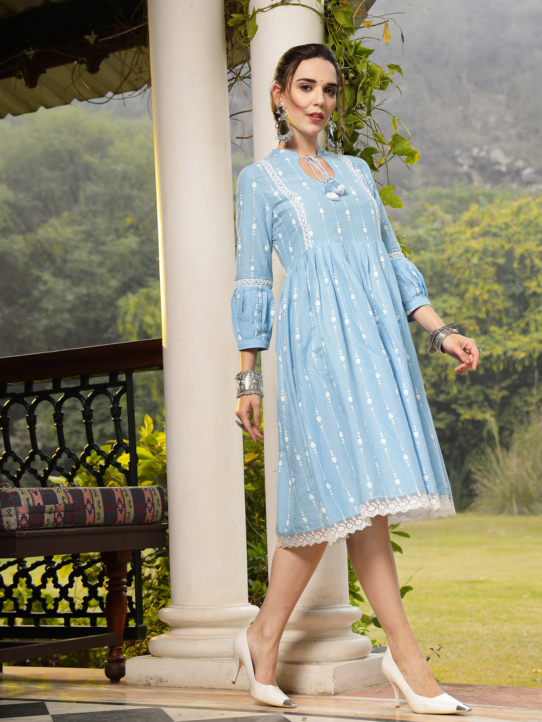 Sky Blue Khadi Printed Cotton Flared Dress