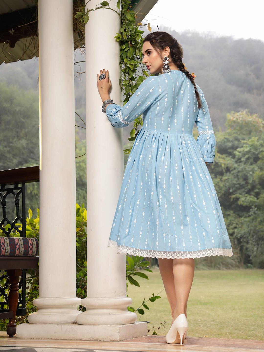 Sky Blue Khadi Printed Cotton Flared Dress