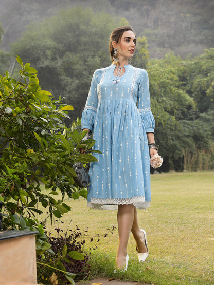 Sky Blue Khadi Printed Cotton Flared Dress