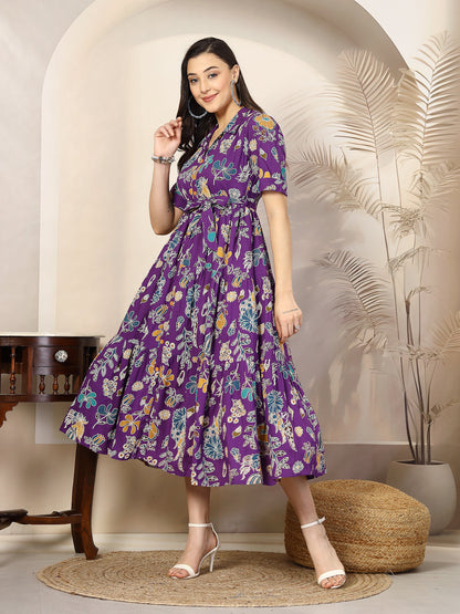 Violet Tropical Printed Rayon Tiered Dress