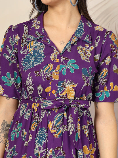 Violet Tropical Printed Rayon Tiered Dress