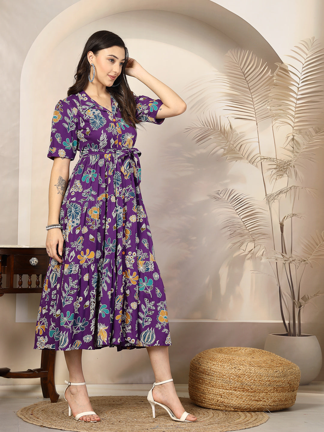 Violet Tropical Printed Rayon Tiered Dress