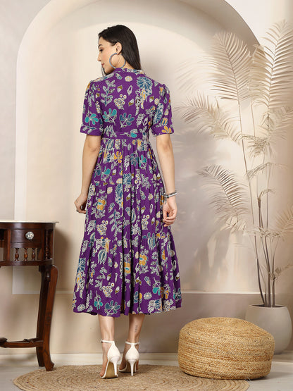 Violet Tropical Printed Rayon Tiered Dress