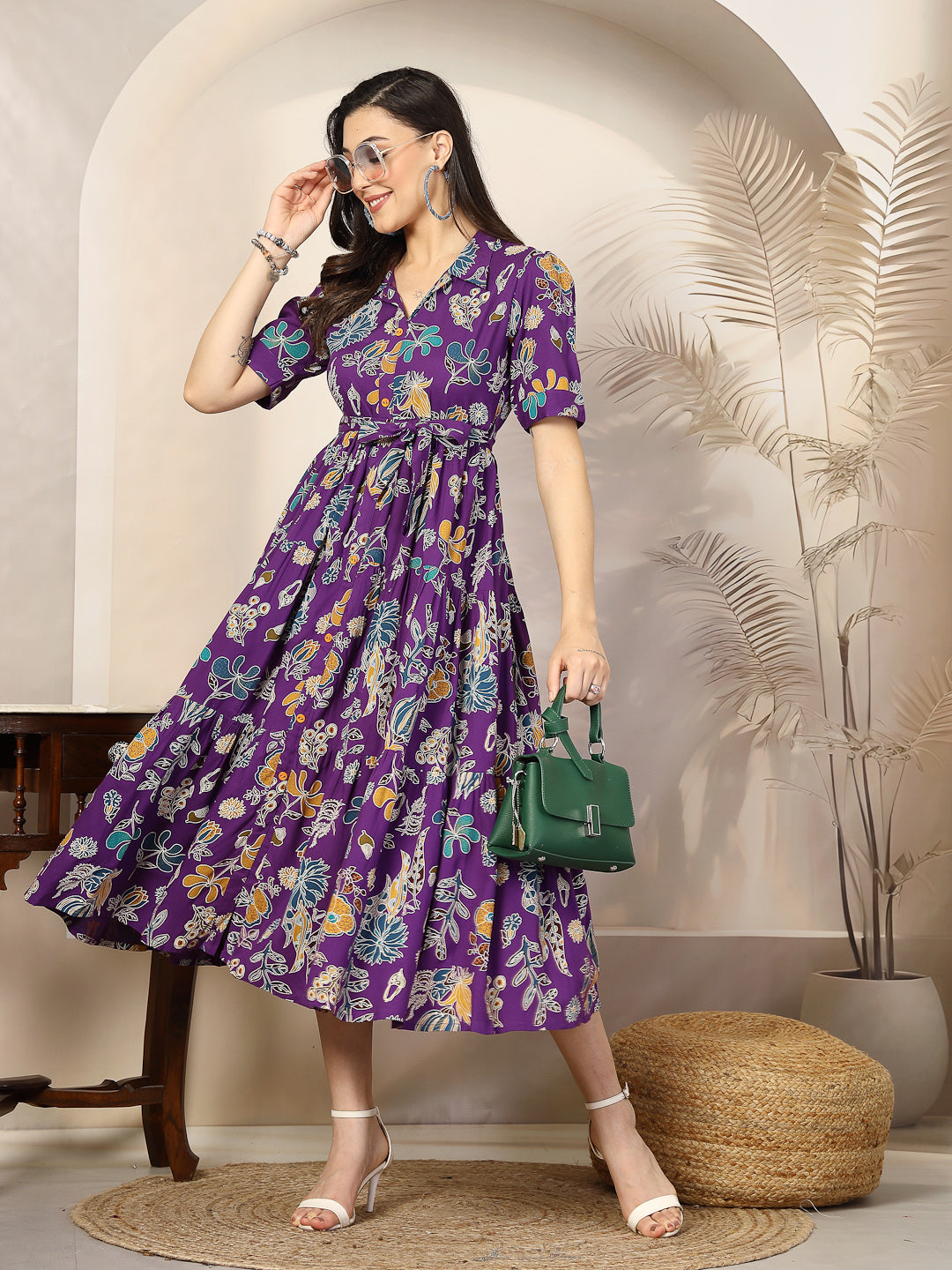 Violet Tropical Printed Rayon Tiered Dress