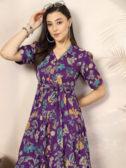 Violet Tropical Printed Rayon Tiered Dress