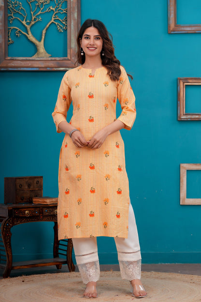 Orange Printed Straight Kurta with Three quarter sleeve