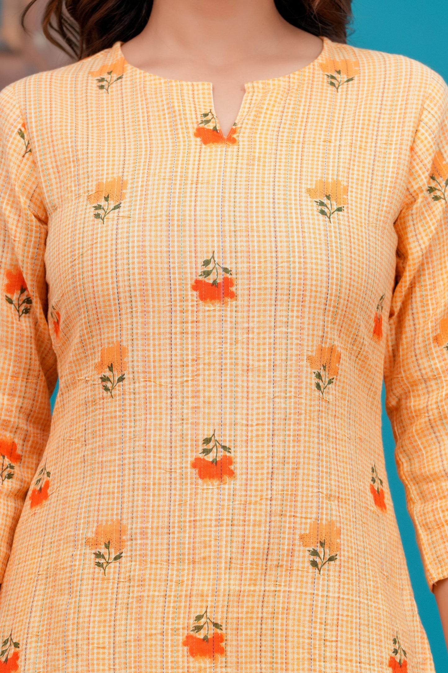 Orange Printed Straight Kurta with Three quarter sleeve