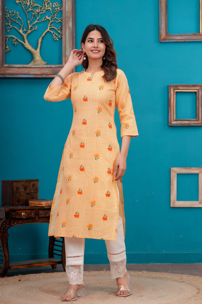 Orange Printed Straight Kurta with Three quarter sleeve