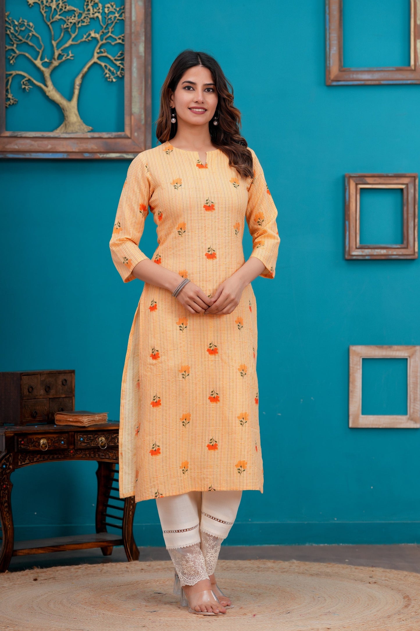 Orange Printed Straight Kurta with Three quarter sleeve