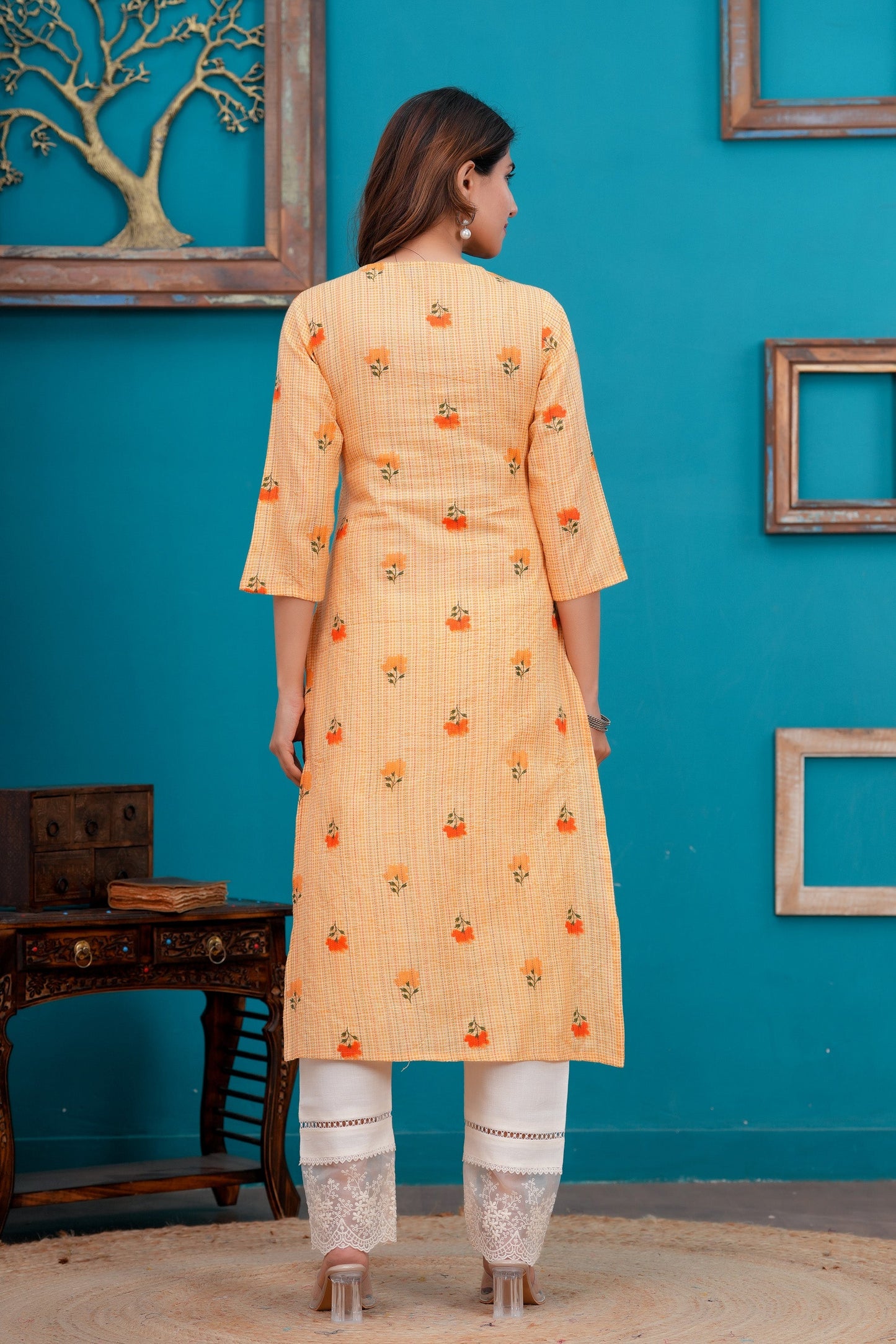 Orange Printed Straight Kurta with Three quarter sleeve