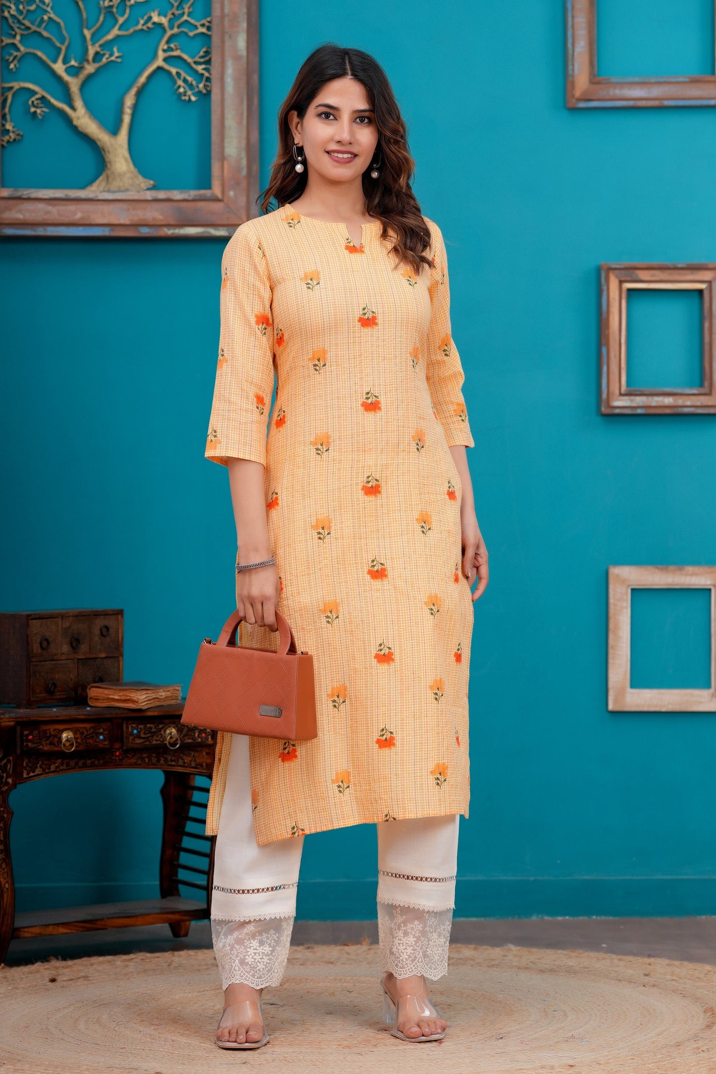 Orange Printed Straight Kurta with Three quarter sleeve