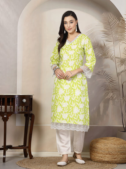 Green Floral Printed Cotton Straight Kurta