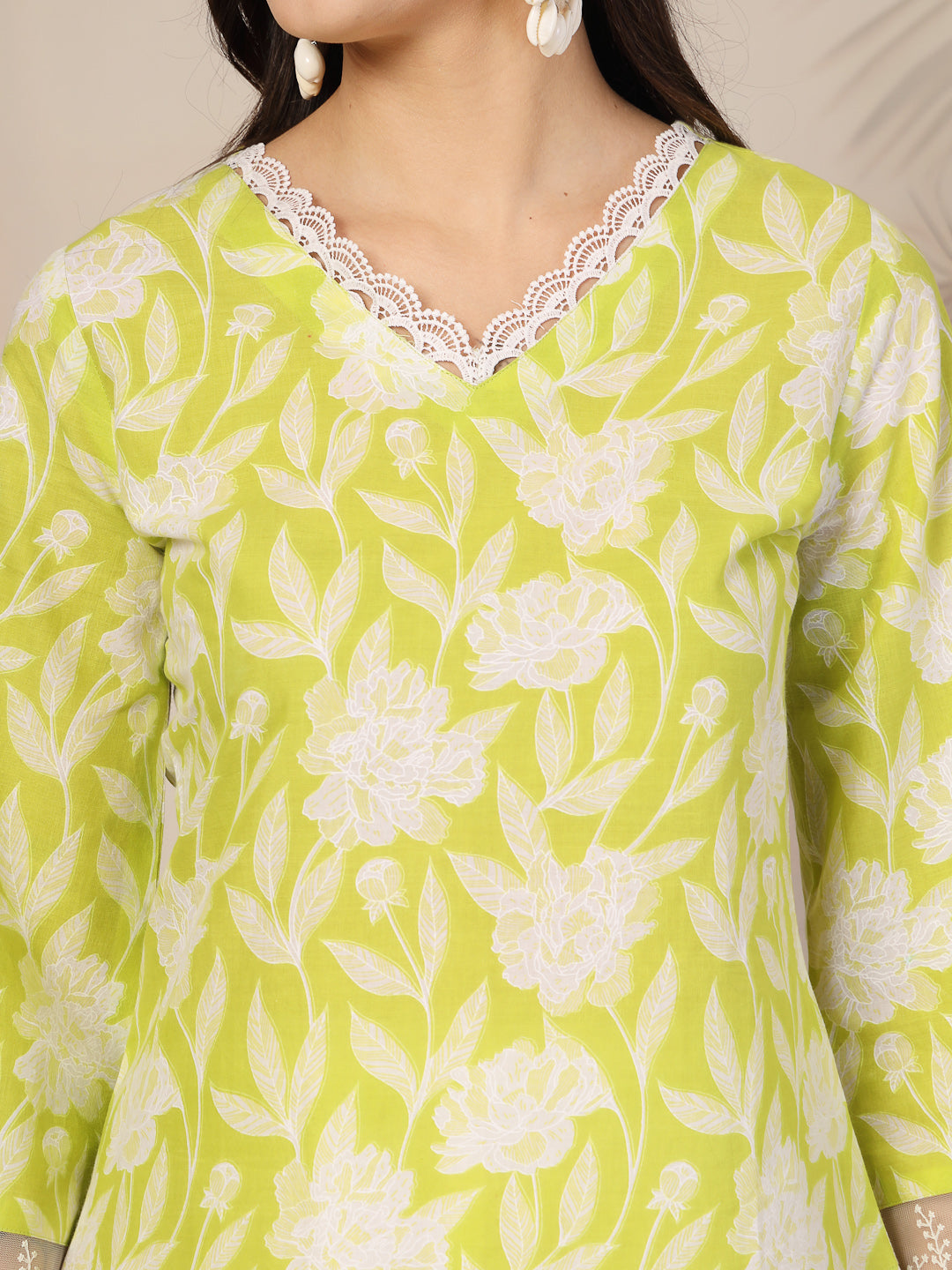 Green Floral Printed Cotton Straight Kurta