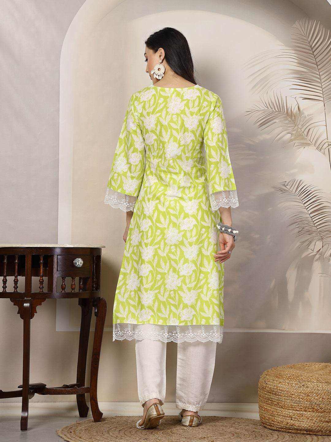 Green Floral Printed Cotton Straight Kurta