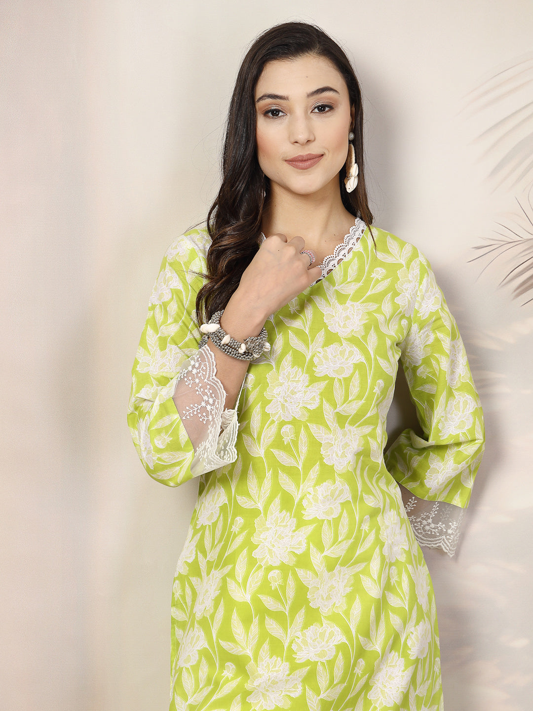 Green Floral Printed Cotton Straight Kurta