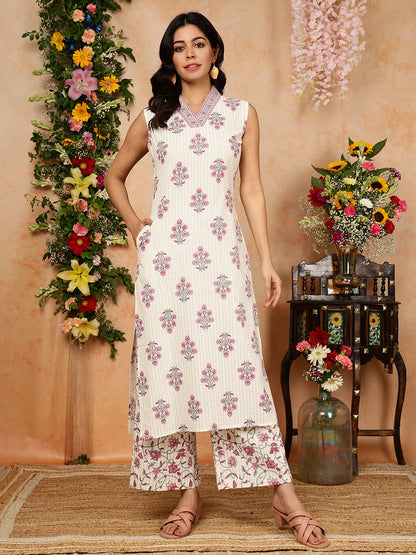 Cotton  Calf Length Printed Straight Slveeless Collar Kurta Bottom Set