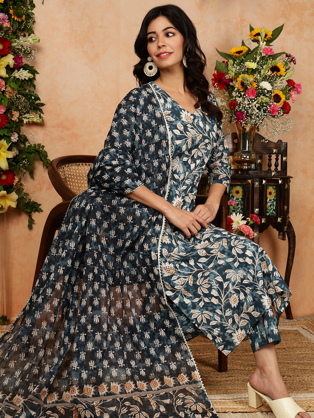 Cotton  Calf Length Printed Straight 3/4 Sleeves V-Neck Kurta Bottom Dupatta Set