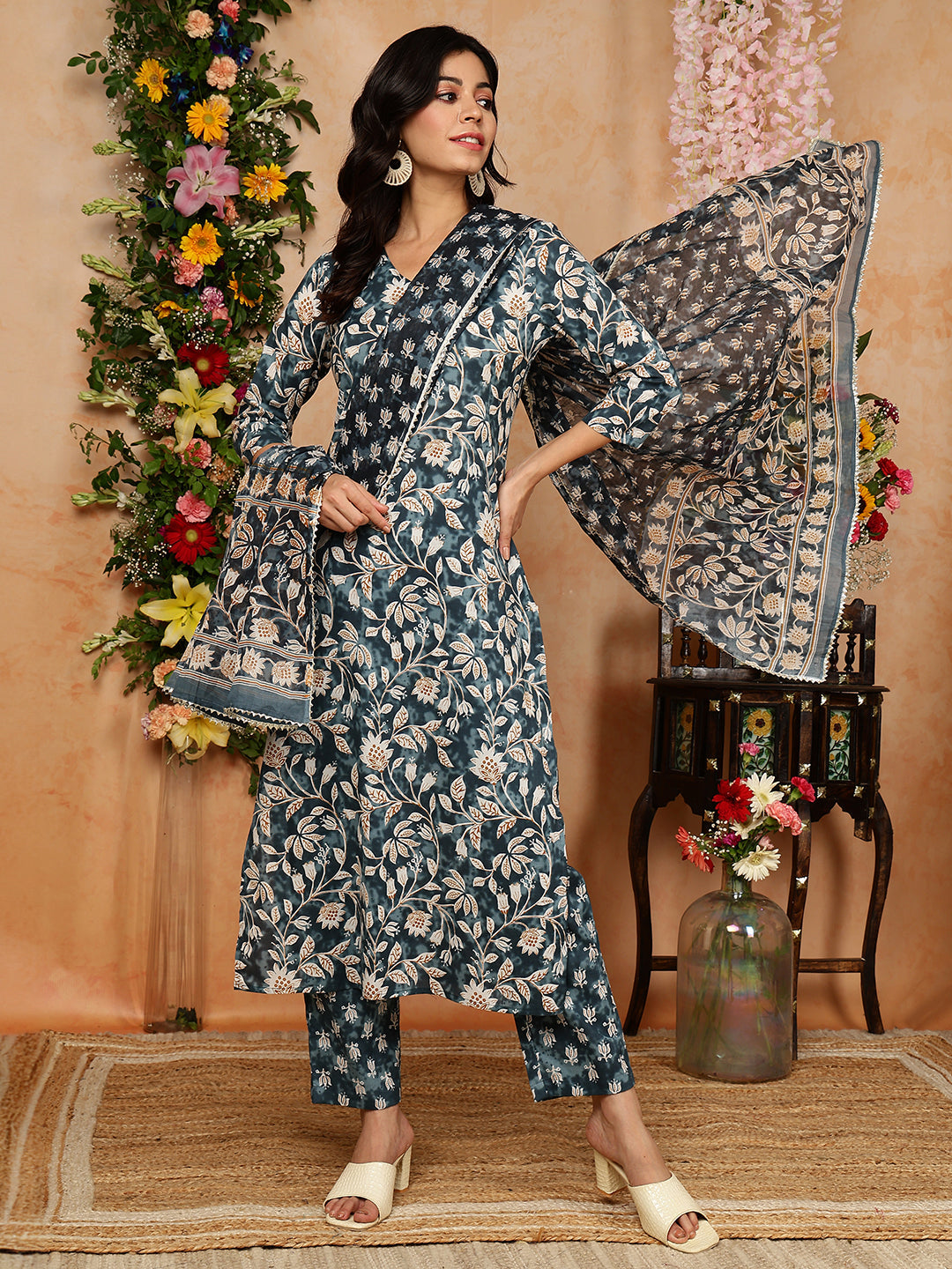 Cotton  Calf Length Printed Straight 3/4 Sleeves V-Neck Kurta Bottom Dupatta Set