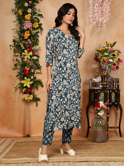 Cotton  Calf Length Printed Straight 3/4 Sleeves V-Neck Kurta Bottom Dupatta Set